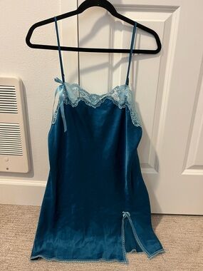 Victoria's Secret Teal Slip Dress with Light Blue Lace
